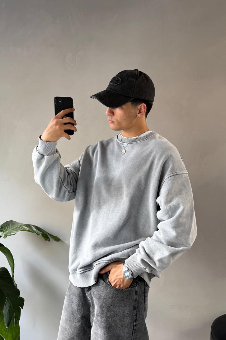 Basıc Acid Wash Bisiklet Yaka Sweatshirt