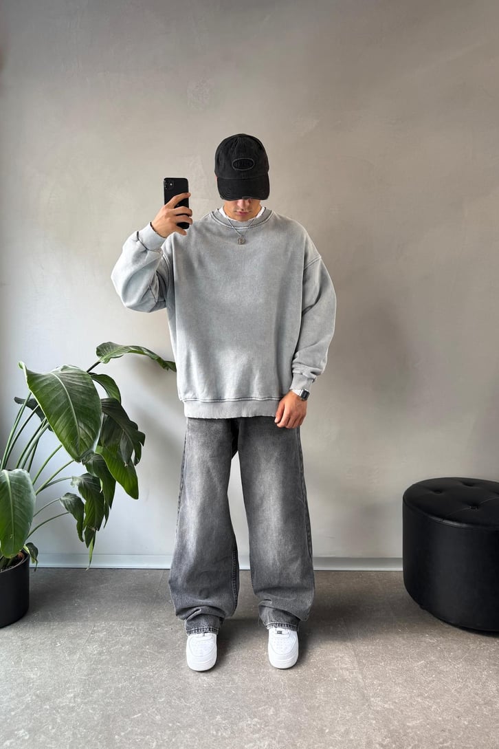 Basıc Acid Wash Bisiklet Yaka Sweatshirt