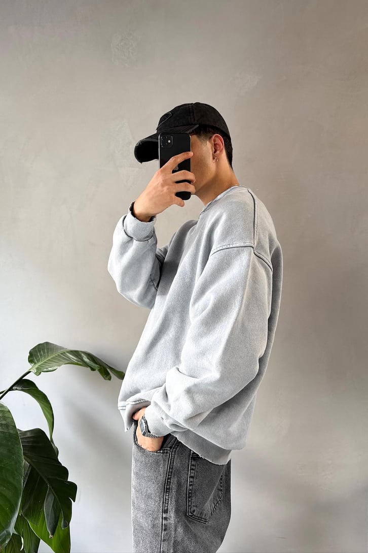 Basıc Acid Wash Bisiklet Yaka Sweatshirt