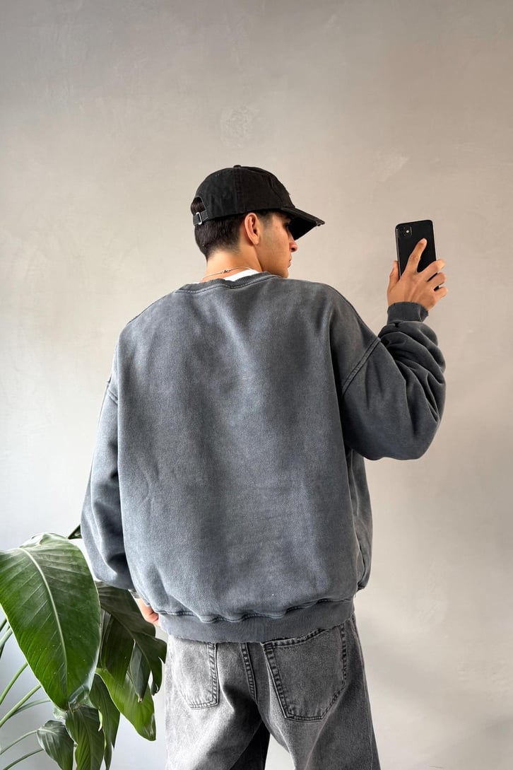 Basıc Acid Wash Bisiklet Yaka Sweatshirt