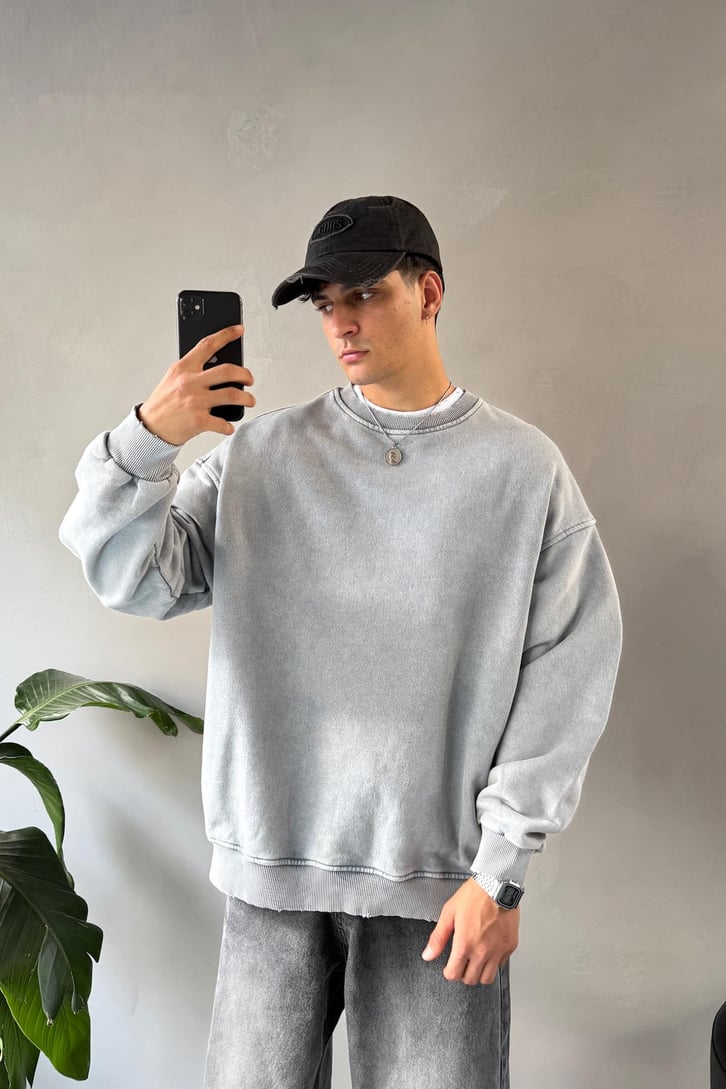 Basıc Acid Wash Bisiklet Yaka Sweatshirt