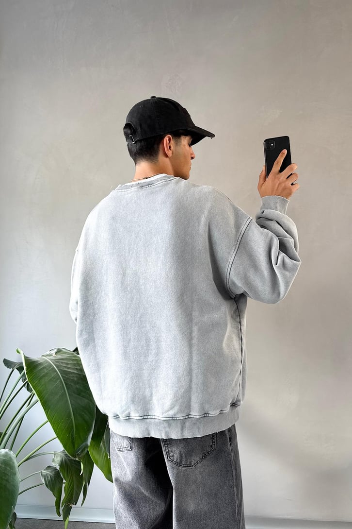 Basıc Acid Wash Bisiklet Yaka Sweatshirt