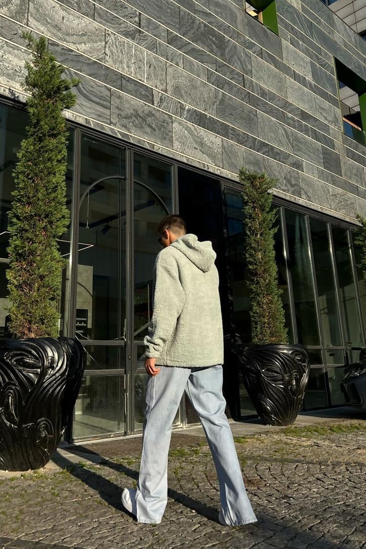Basic Açık Yeşil İçi Pamuklu Peluş Hoodie