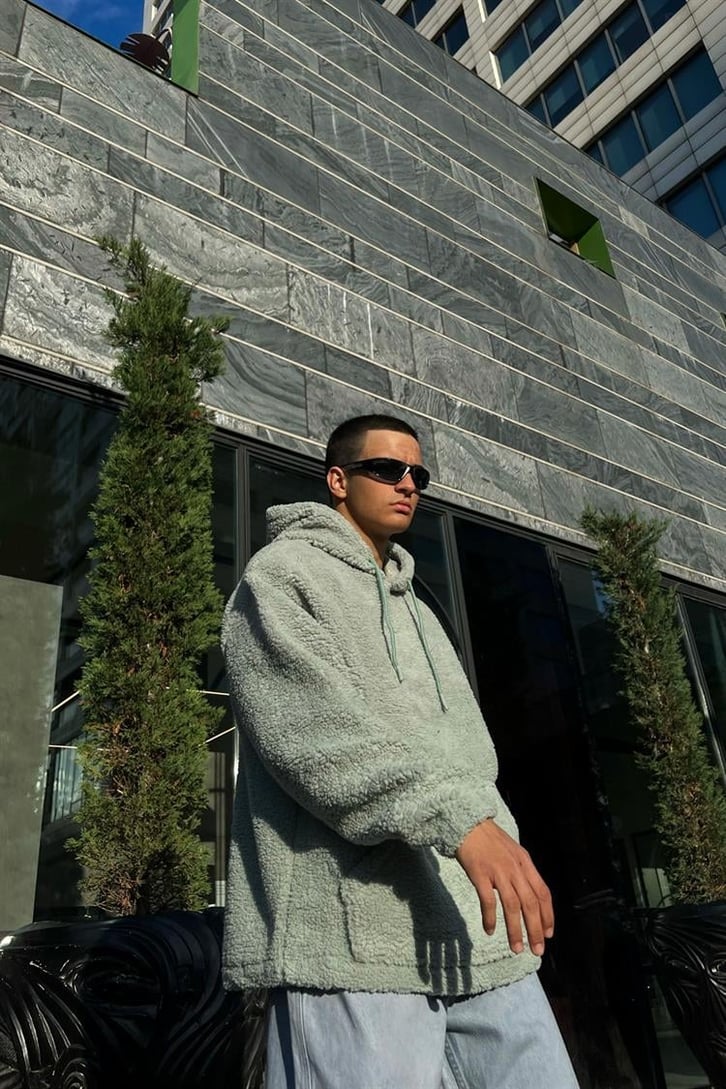 Basic Açık Yeşil İçi Pamuklu Peluş Hoodie