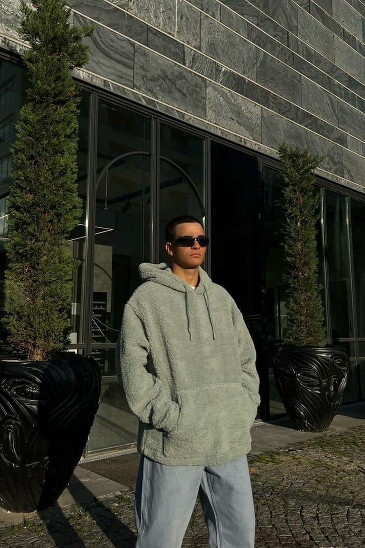 Basic Açık Yeşil İçi Pamuklu Peluş Hoodie