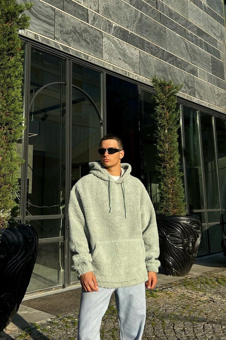 Basic Açık Yeşil İçi Pamuklu Peluş Hoodie