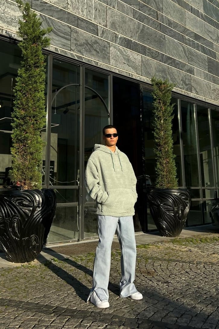 Basic Açık Yeşil İçi Pamuklu Peluş Hoodie