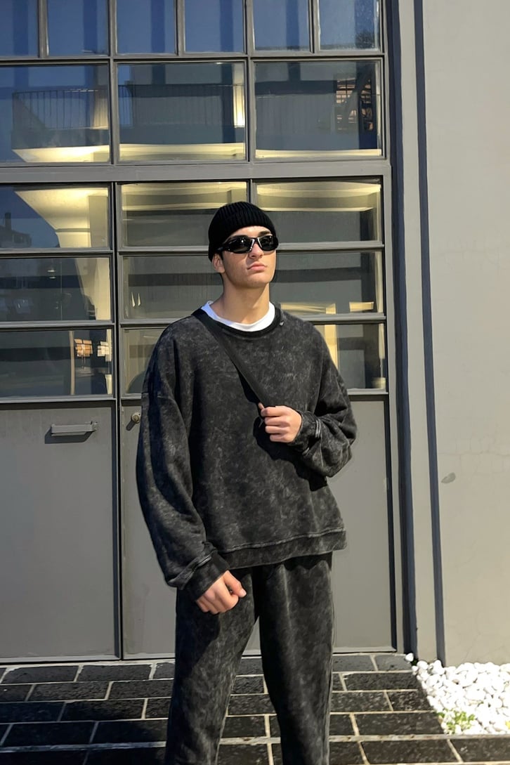 Basic Antrasit Acid Wash Outfit Eşofman Takımı
