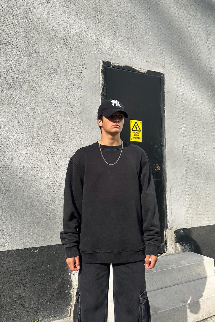 Basic Antrasit Acid Wash Oversize Sweatshirt