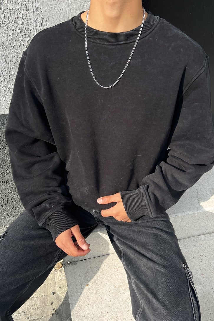 Basic Antrasit Acid Wash Oversize Sweatshirt