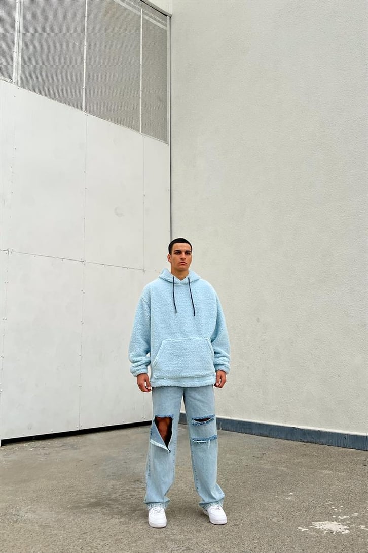 Basic Bebek Mavisi İçi Pamuklu Peluş Hoodie