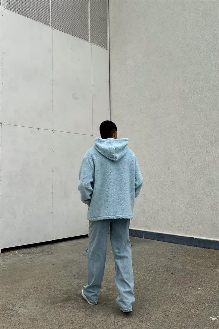 Basic Bebek Mavisi İçi Pamuklu Peluş Hoodie