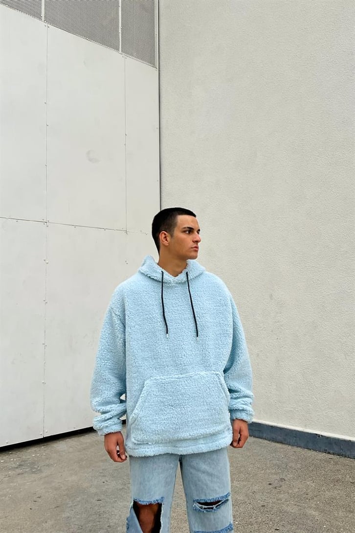 Basic Bebek Mavisi İçi Pamuklu Peluş Hoodie