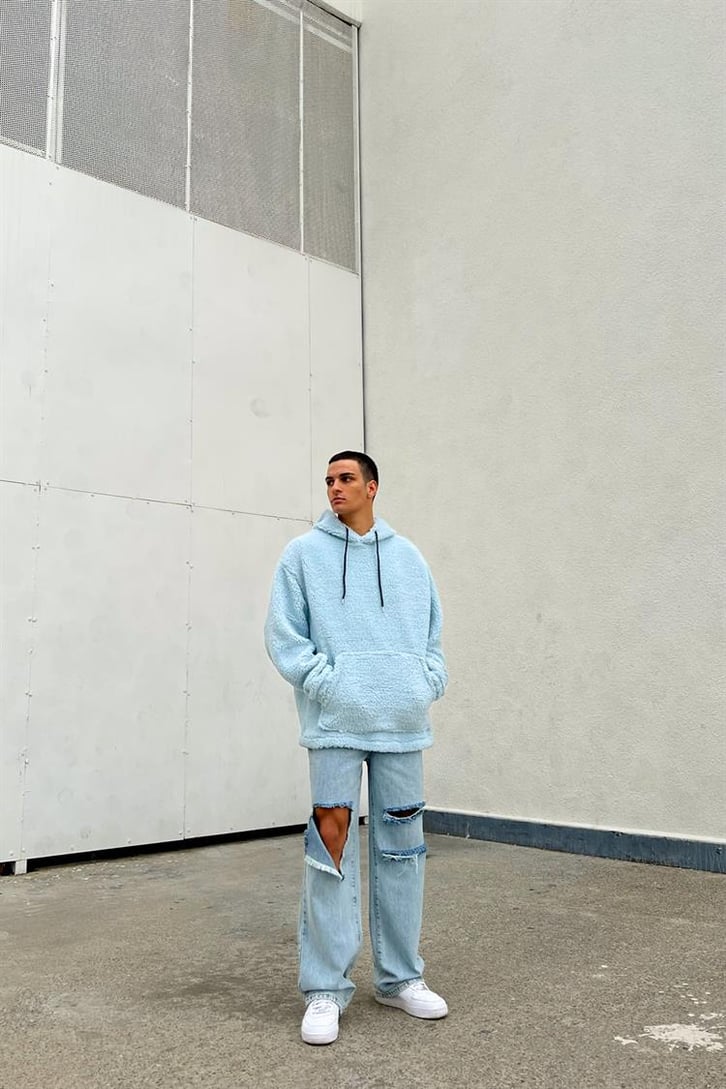 Basic Bebek Mavisi İçi Pamuklu Peluş Hoodie