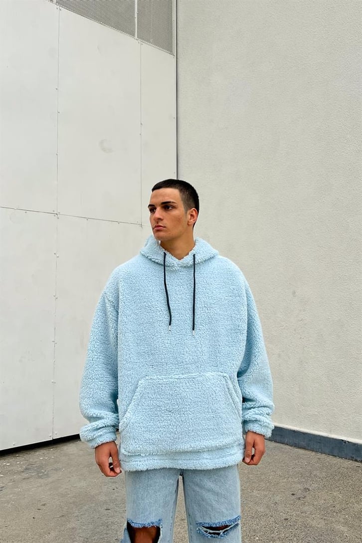 Basic Bebek Mavisi İçi Pamuklu Peluş Hoodie