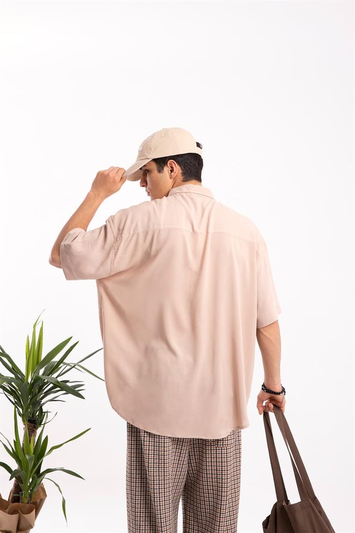 Basic Bej Oversize Kısa Kol Gömlek
