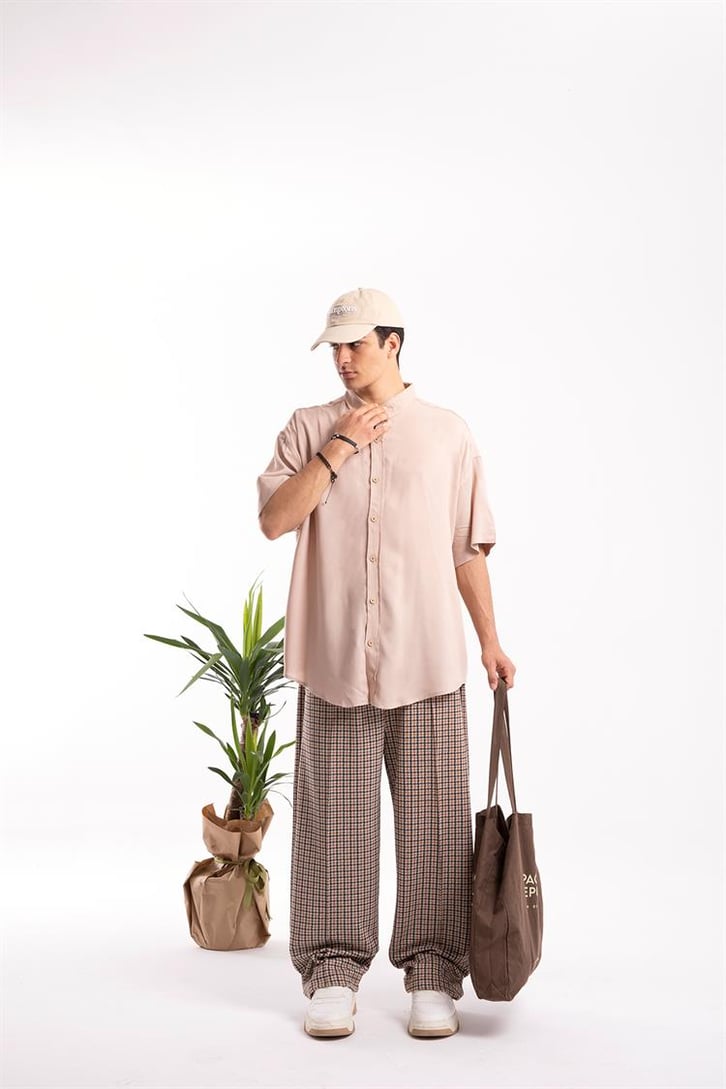 Basic Bej Oversize Kısa Kol Gömlek