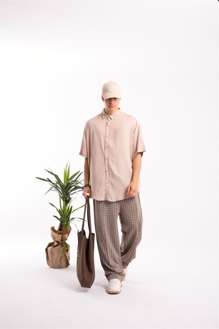 Basic Bej Oversize Kısa Kol Gömlek