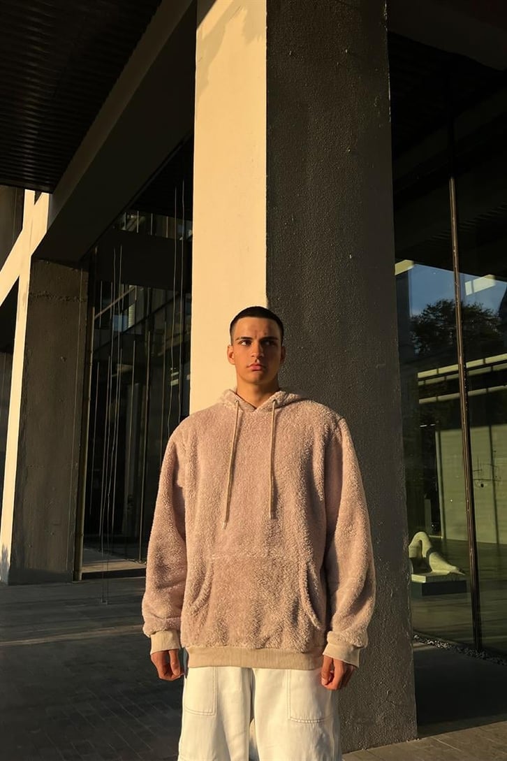 Basic Bej Peluş Hoodie