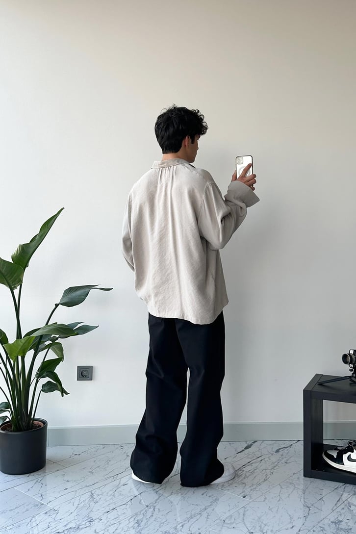 Basic Bej Uzun Kol Oversize Gömlek