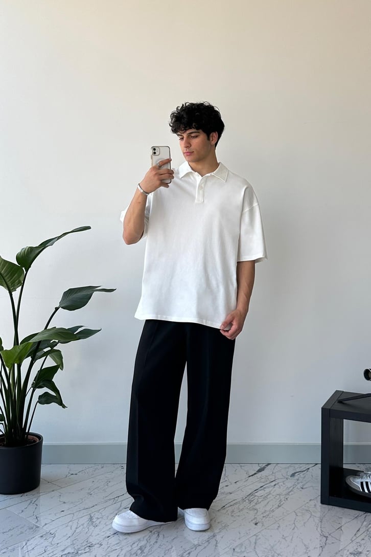 Basic Beyaz Polo Yaka Oversize Tişört