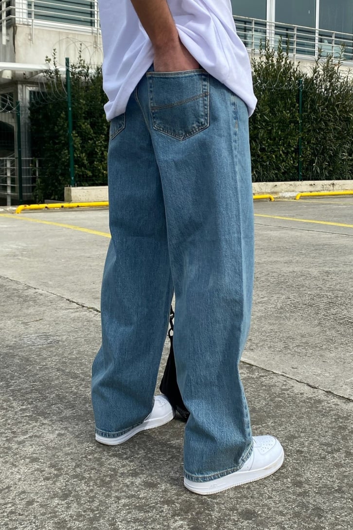 Basic Blue Taşlamalı Baggy Jean