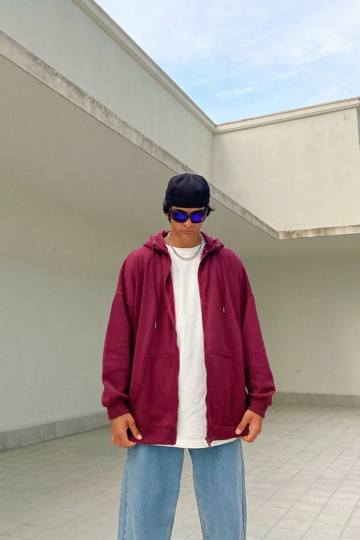 Basic Bordo Fermuarlı Oversize Sweatshirt