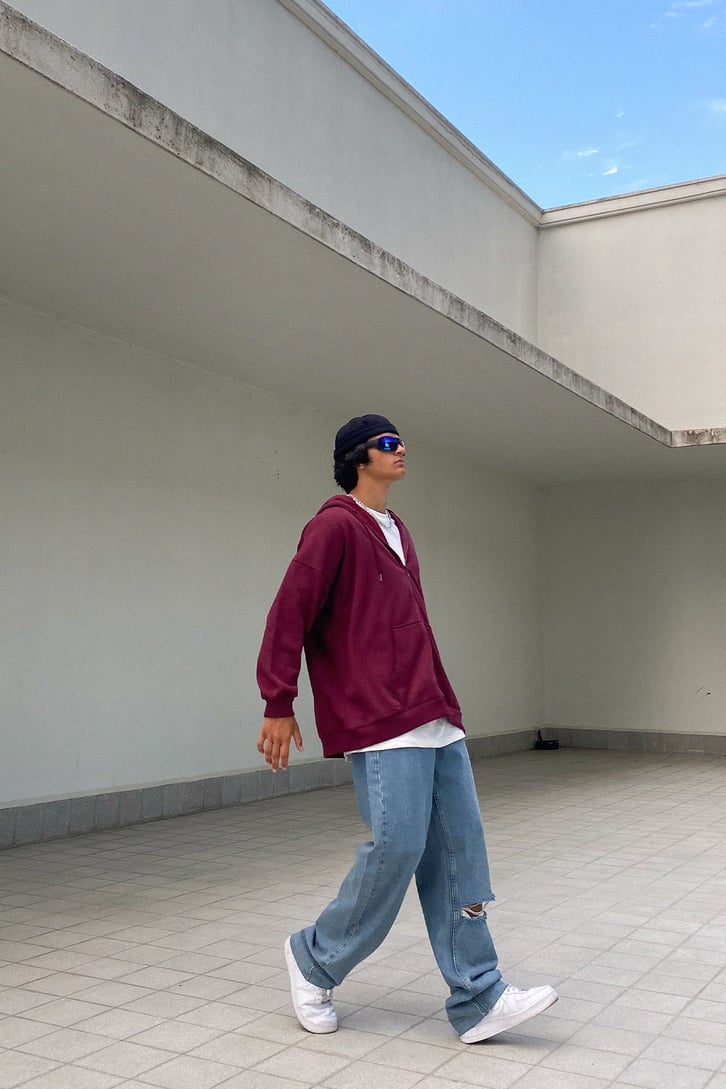 Basic Bordo Fermuarlı Oversize Sweatshirt