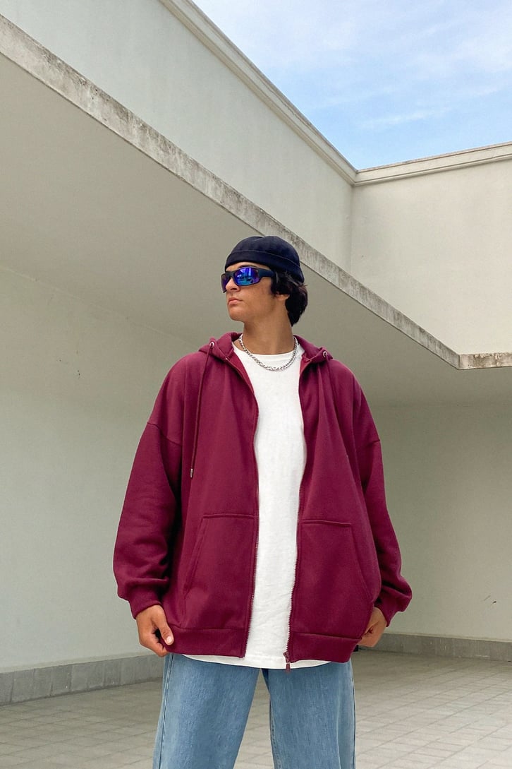 Basic Bordo Fermuarlı Oversize Sweatshirt