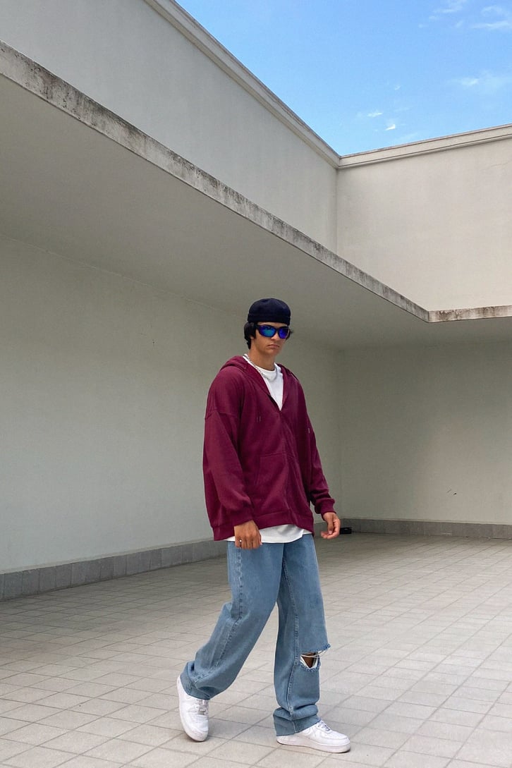 Basic Bordo Fermuarlı Oversize Sweatshirt