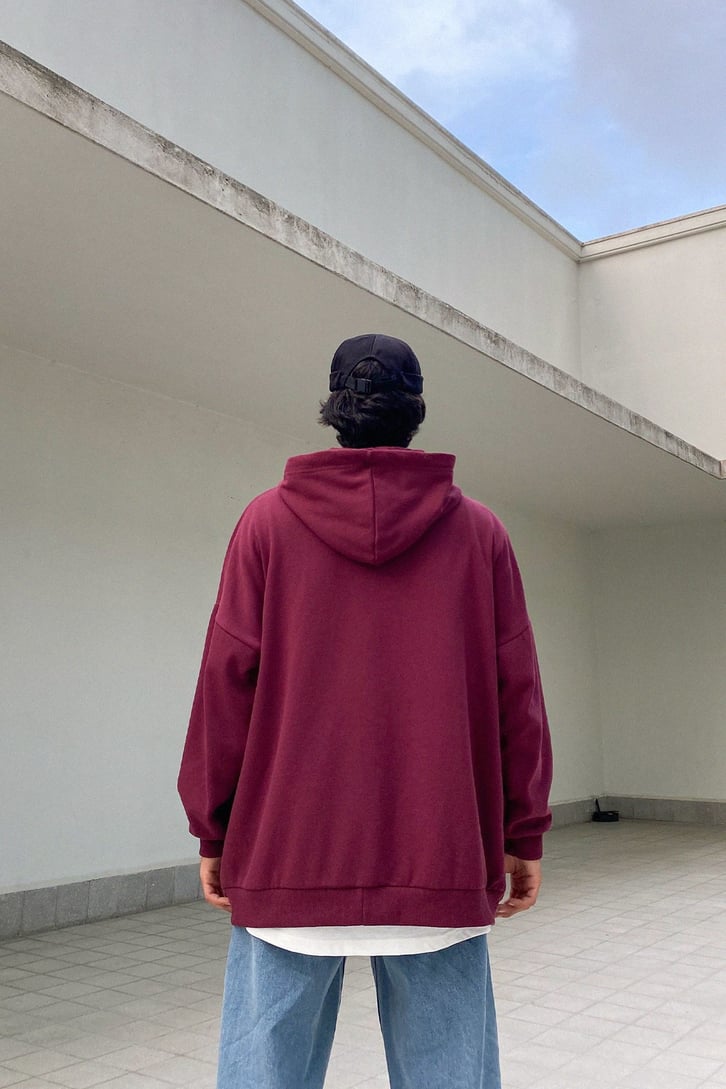 Basic Bordo Fermuarlı Oversize Sweatshirt