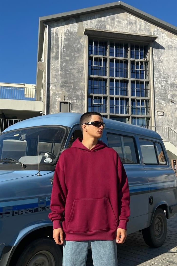 Basic Bordo İçi Pamuklu Oversize Hoodie