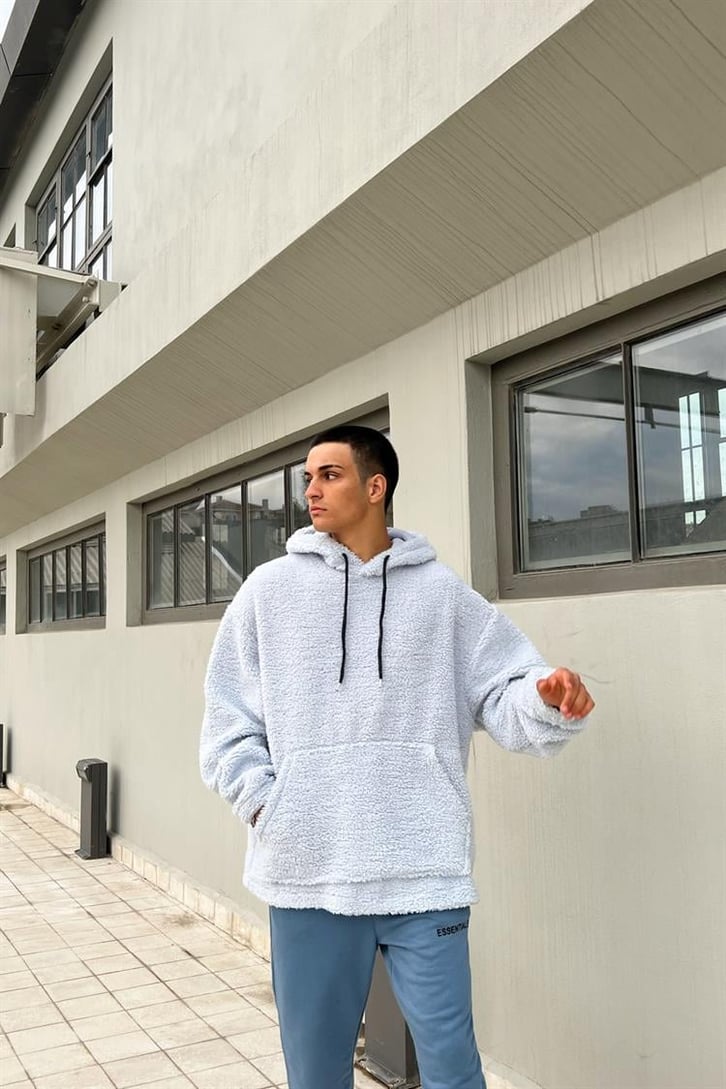 Basic Buz Mavi İçi Pamuklu Peluş Hoodie