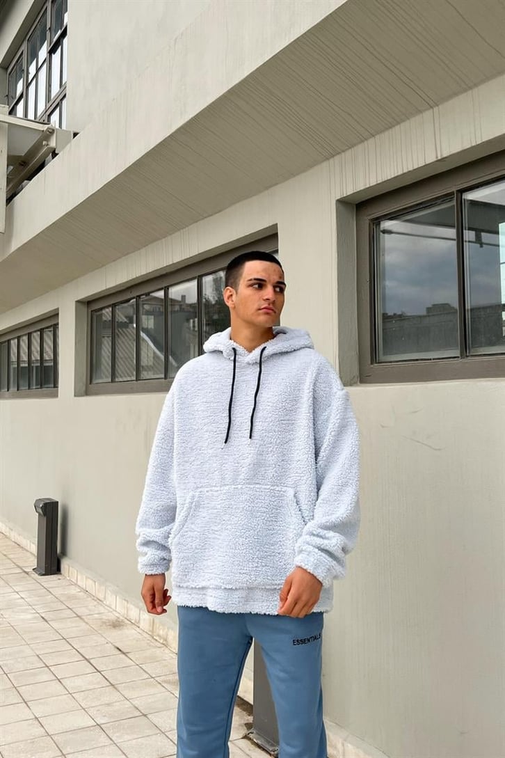Basic Buz Mavi İçi Pamuklu Peluş Hoodie