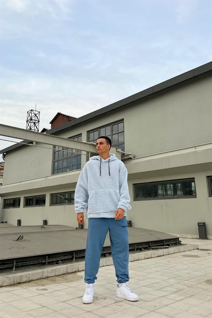 Basic Buz Mavi İçi Pamuklu Peluş Hoodie
