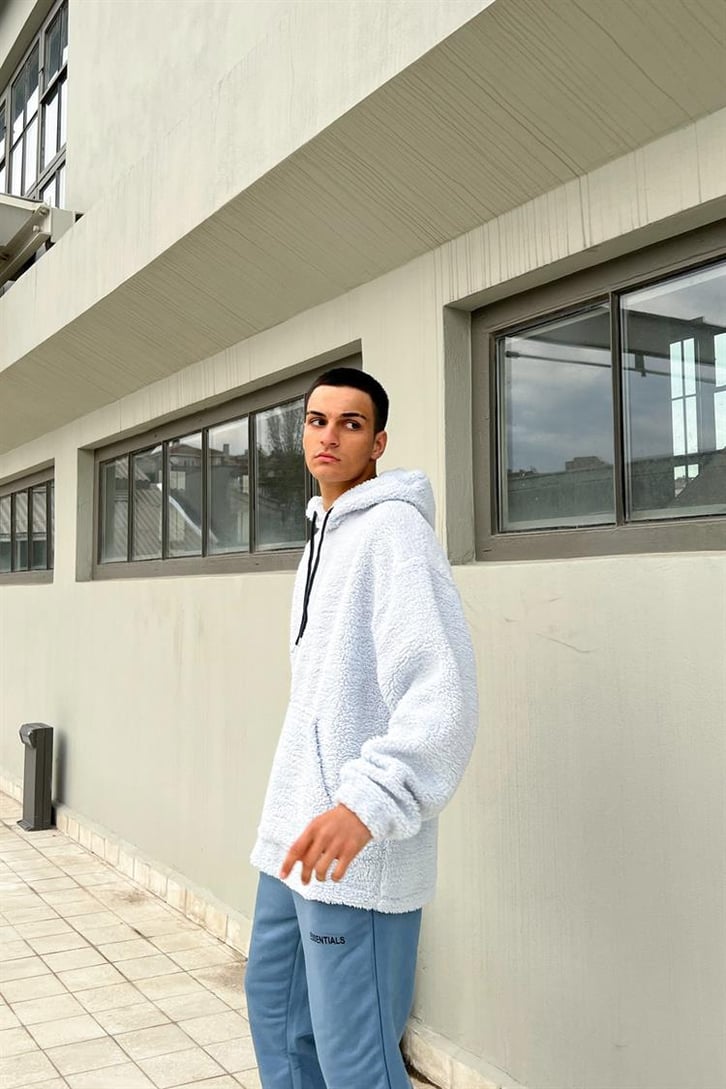 Basic Buz Mavi İçi Pamuklu Peluş Hoodie