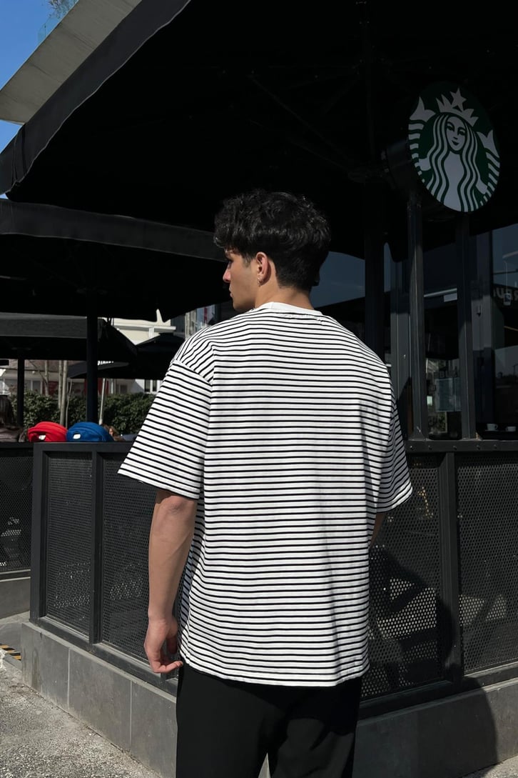 Basic Çizgili Beyaz Oversize Tişört