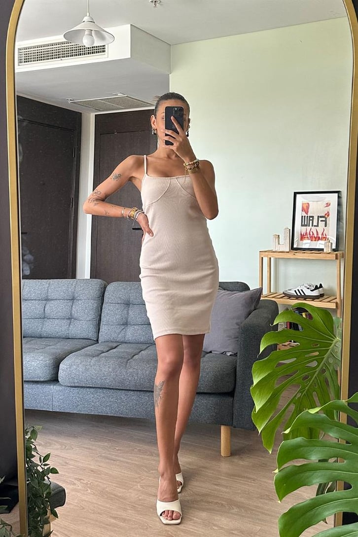Basic Dikiş Detaylı Mini Sütlü Kahve Elbise
