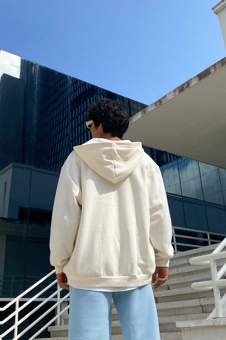 Basic Ekru Fermuarlı Oversize Sweatshirt