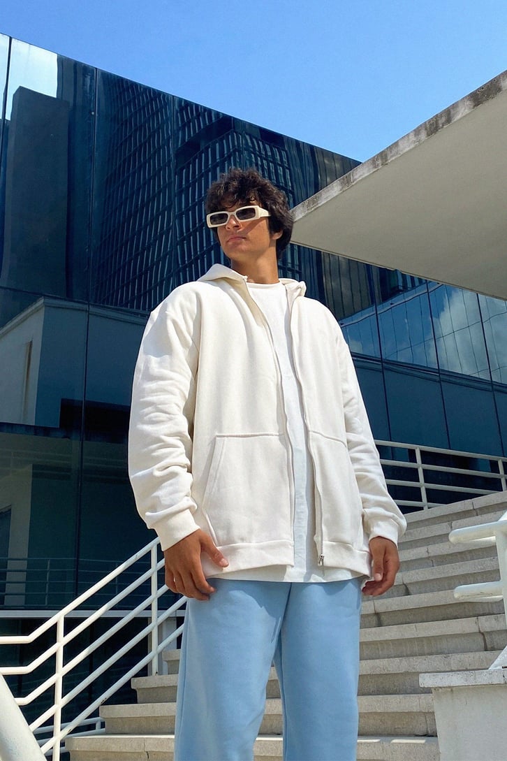 Basic Ekru Fermuarlı Oversize Sweatshirt