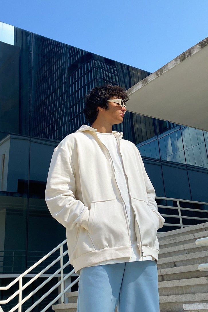 Basic Ekru Fermuarlı Oversize Sweatshirt