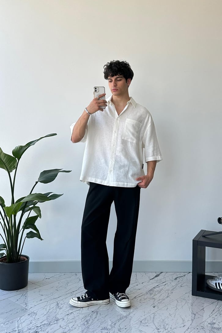 Basic Ekru Kısa Kol Oversize Gömlek