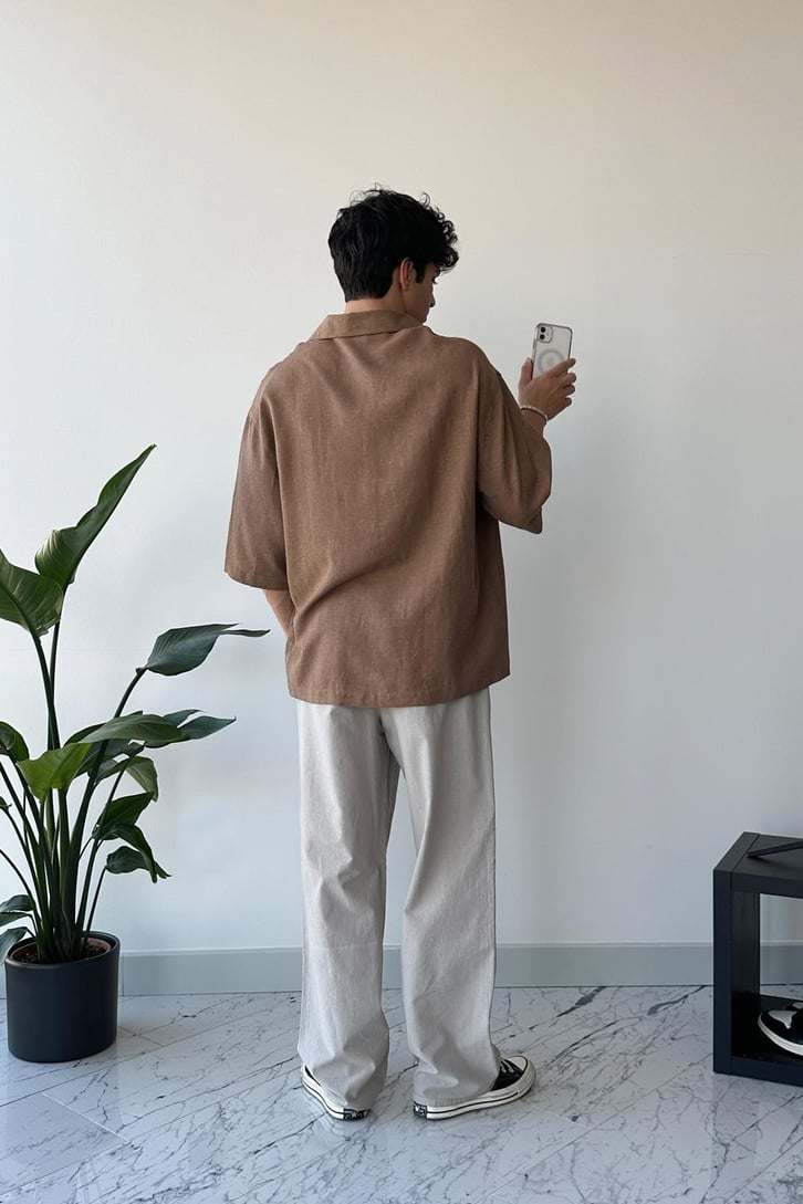 Basic Ekru Kısa Kol Oversize Gömlek