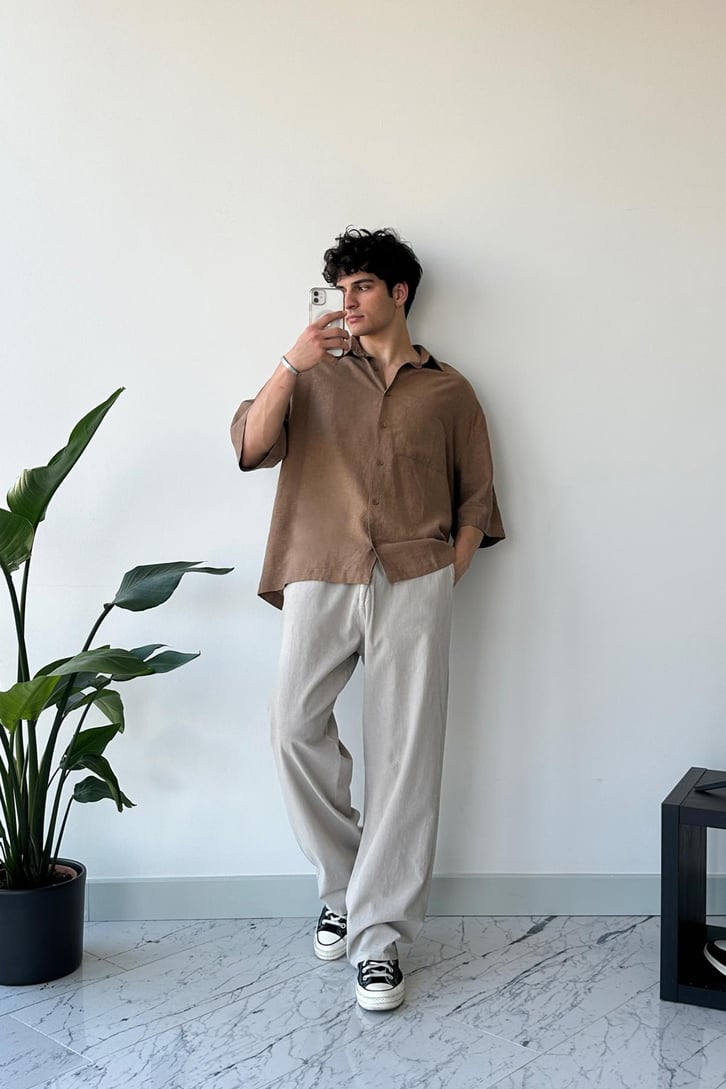 Basic Ekru Kısa Kol Oversize Gömlek