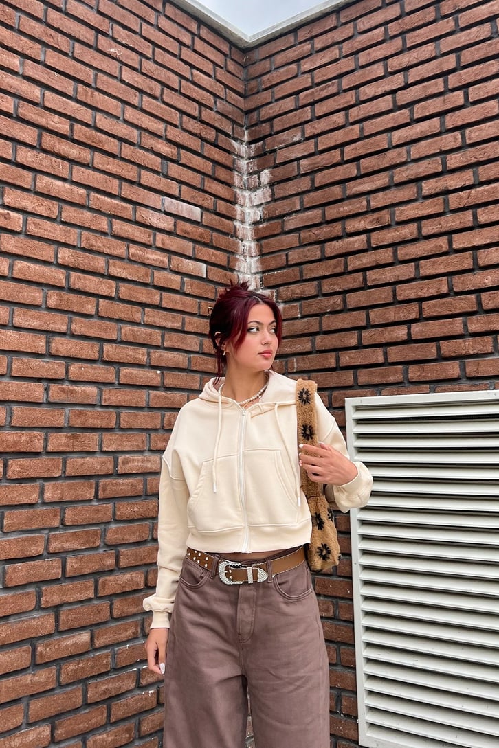 Basic Fermuarlı Bej Crop Sweatshirt