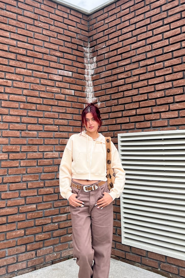 Basic Fermuarlı Bej Crop Sweatshirt