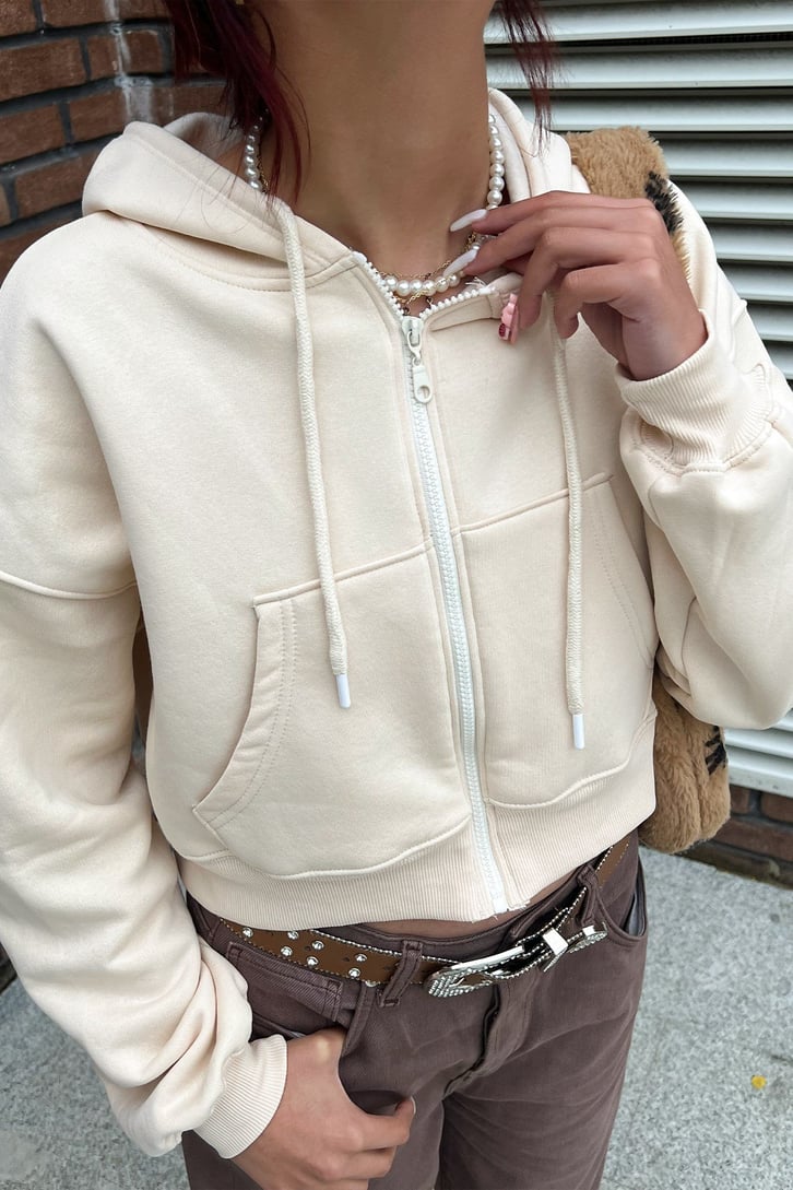 Basic Fermuarlı Bej Crop Sweatshirt