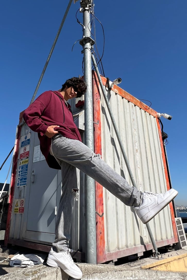 Basic Fermuarlı Bordo Sweatshirt