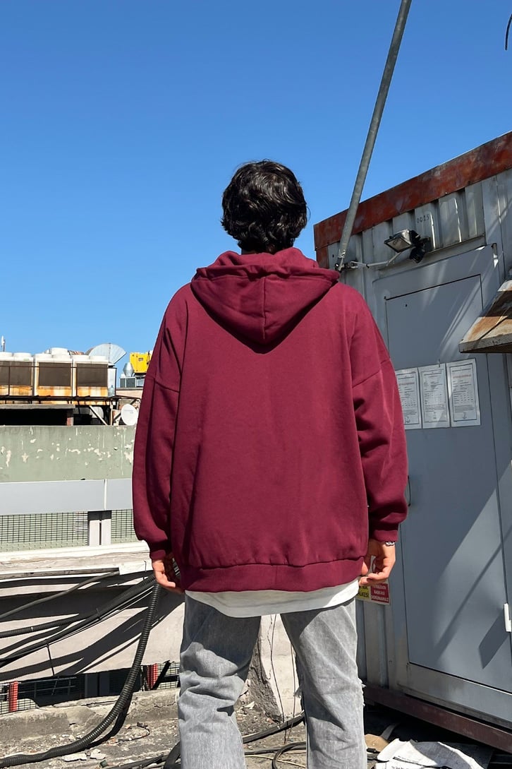 Basic Fermuarlı Bordo Sweatshirt