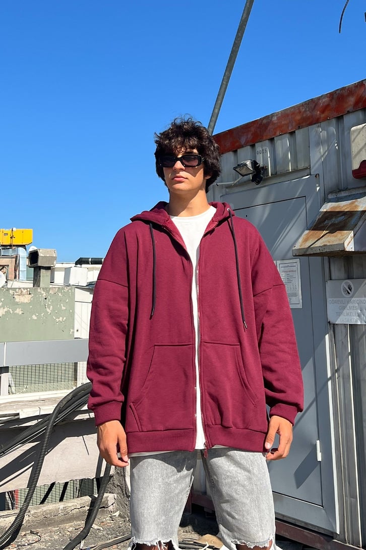 Basic Fermuarlı Bordo Sweatshirt